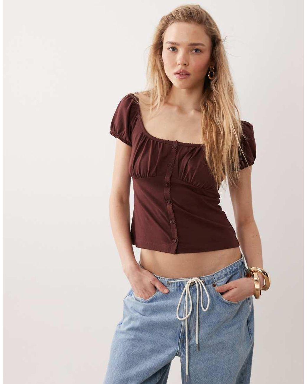 Miss Selfridge Brown Button Detail Milkmaid Top