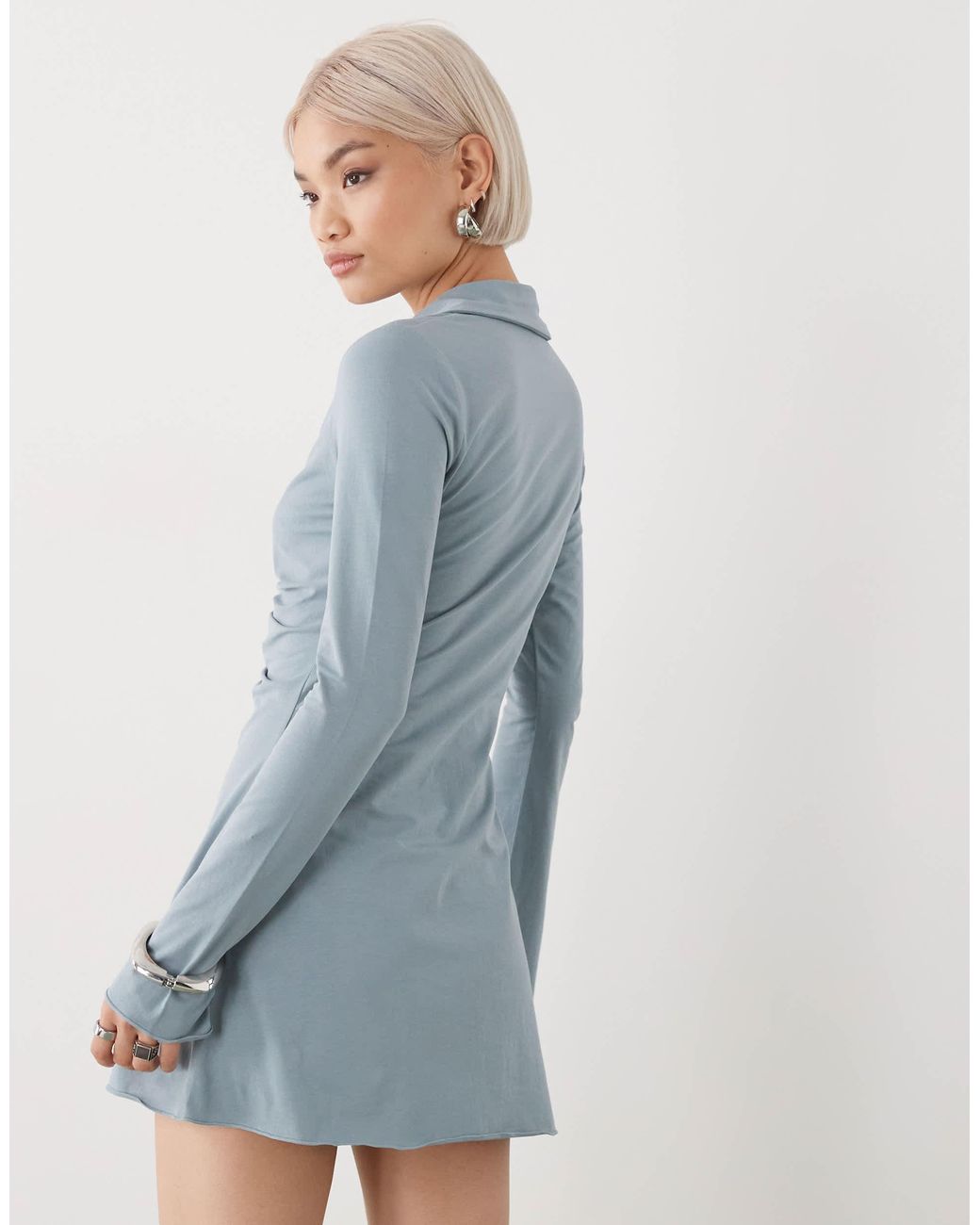 Monki Ruched Front Long Sleeve Mini Shirt Dress in Blue | Lyst