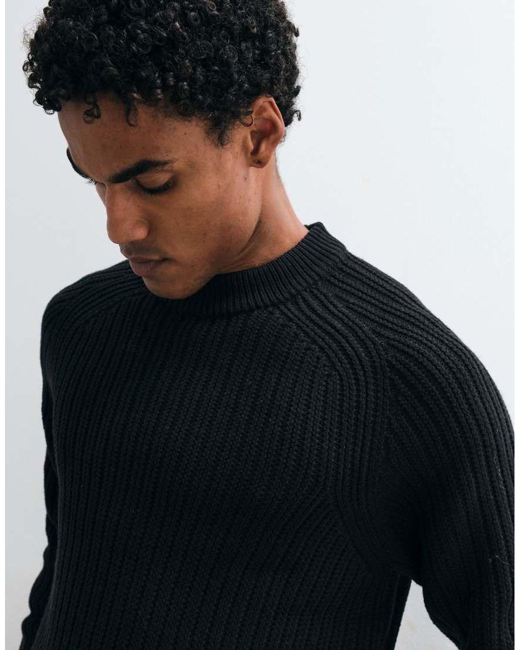 Collusion Black Fisherman Rib Raglan Knitted Jumper for men