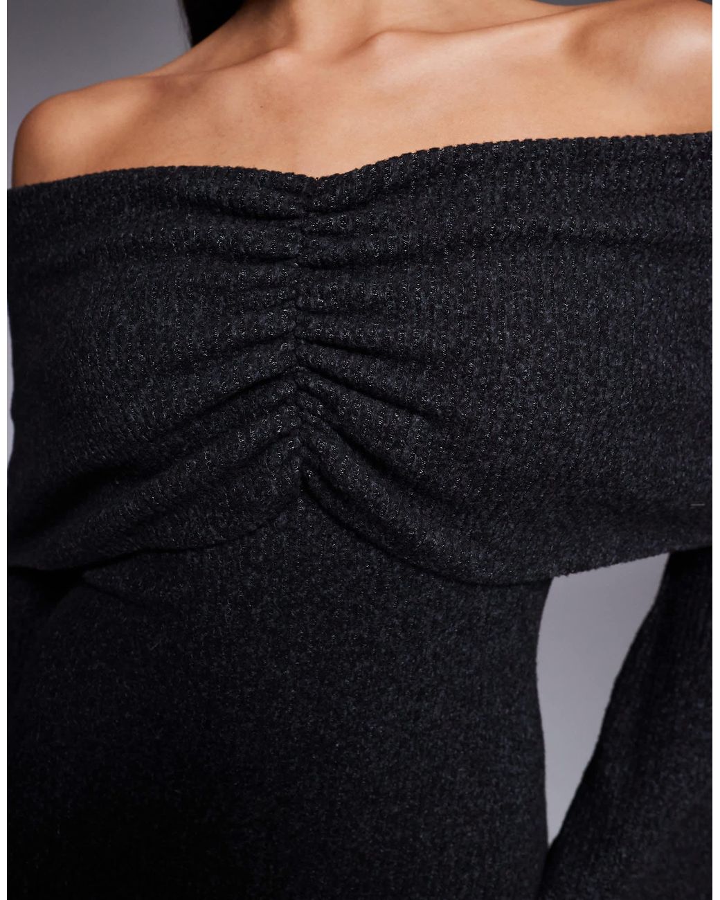 ASOS Ribbed Long Sleeve Fold Over Bardot Maxi Dress in Black | Lyst