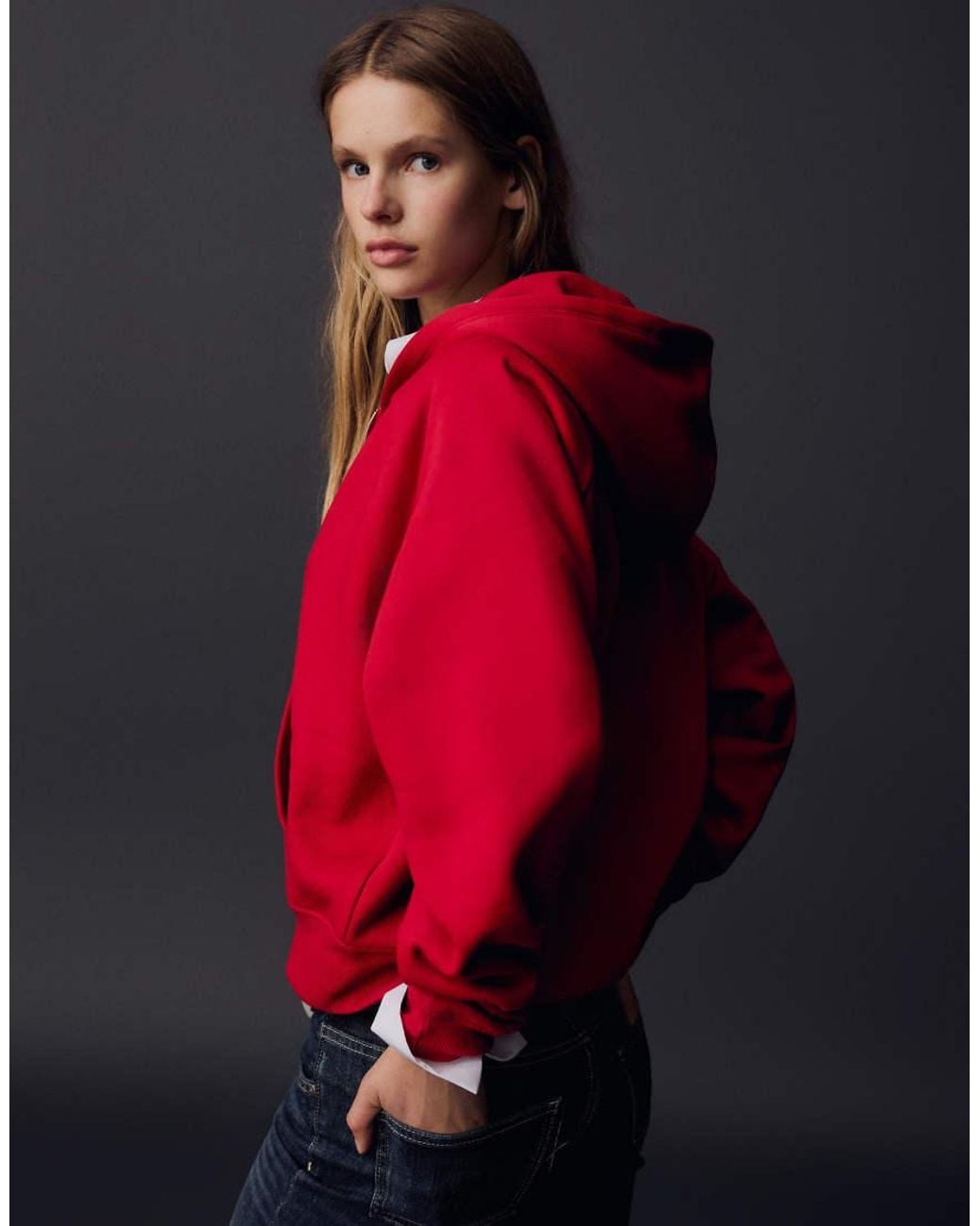 Bershka Red Zip-Up Plush Hooded Jacket