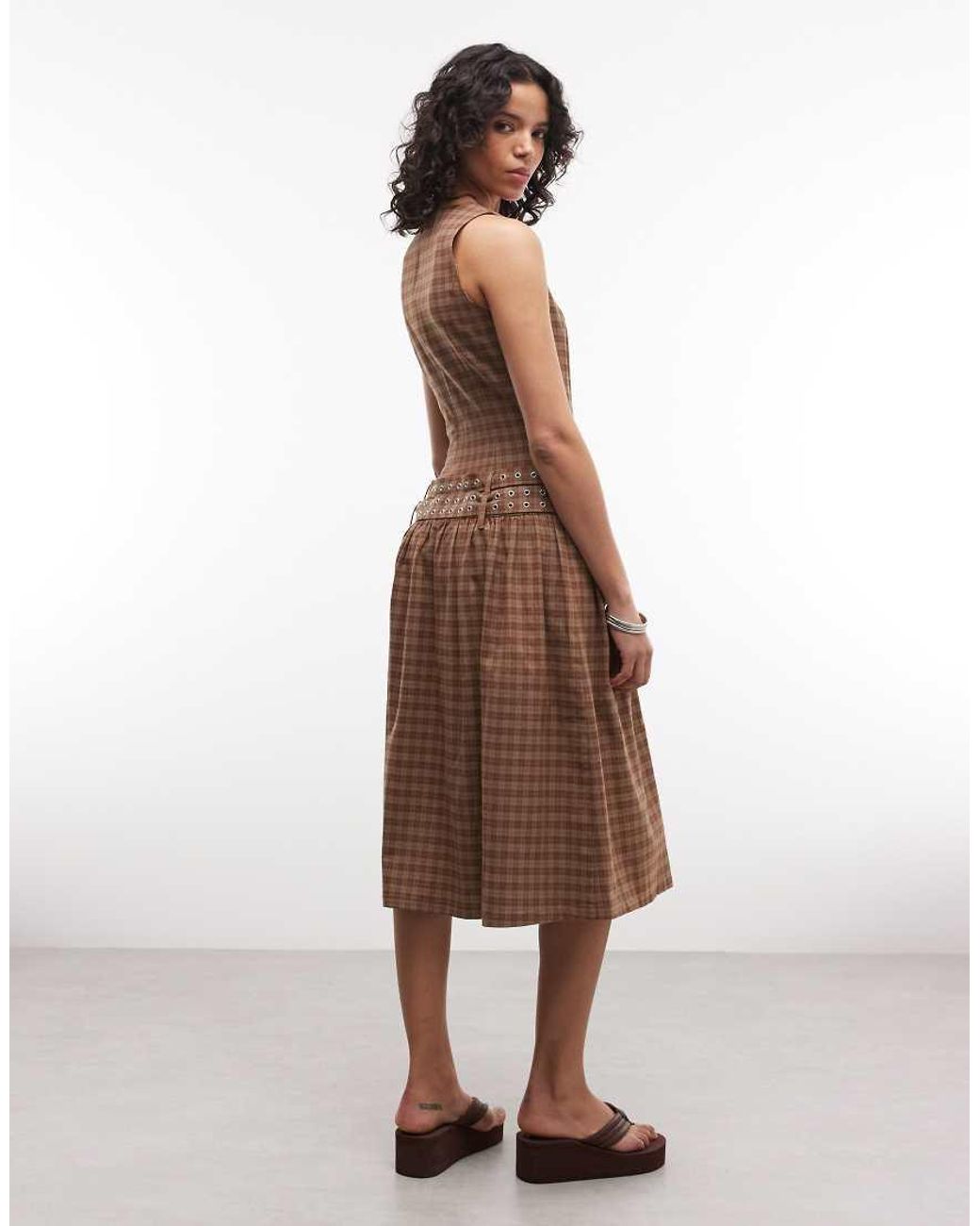 The Ragged Priest Brown Drop Waist Belted Midi Dress