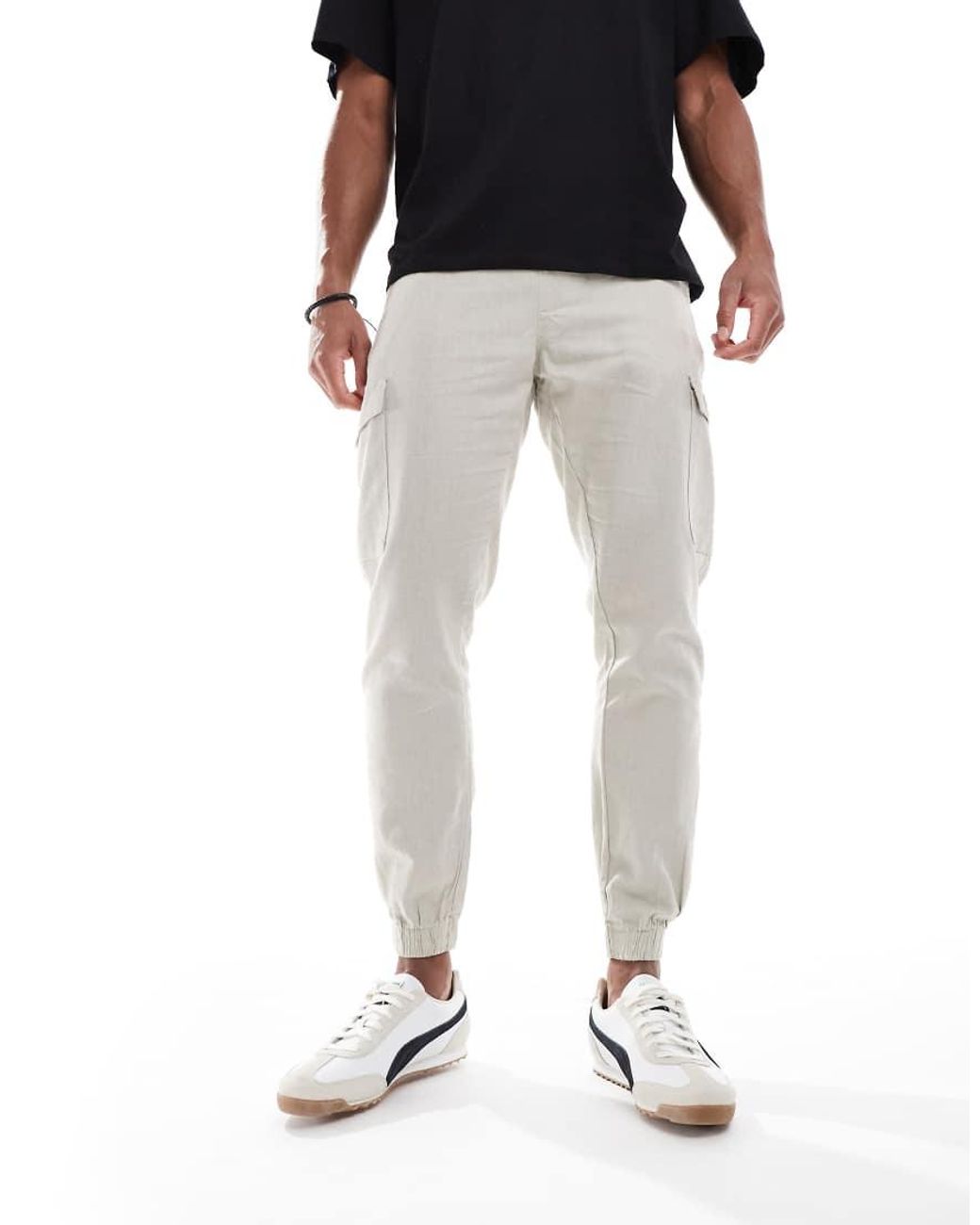 Brave Soul Black Cotton Linen Blend Cargo Trousers for men