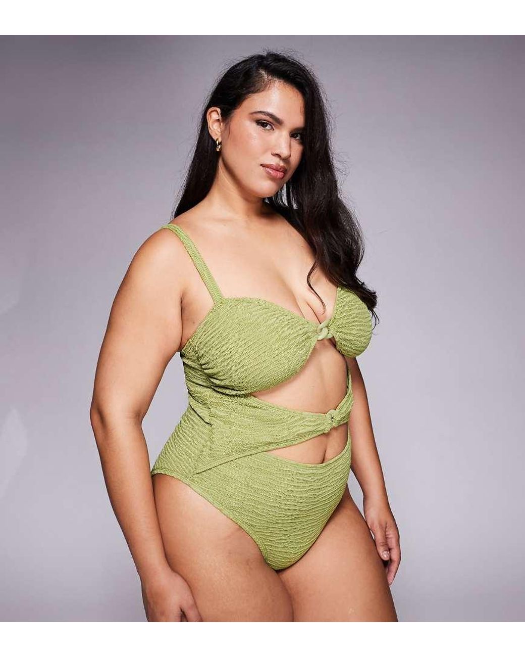 ASOS Green Asos Design Curve Laurie Twist Front Chain Link Bandeau Swimsuit
