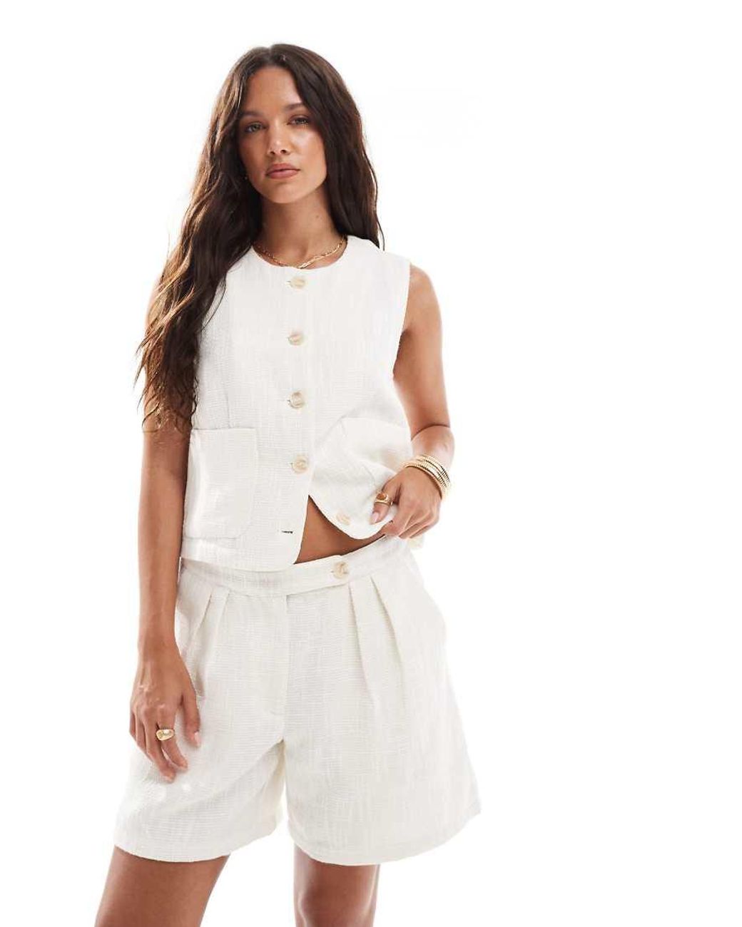 Pieces White Linen Look Tailored Short Co-ord