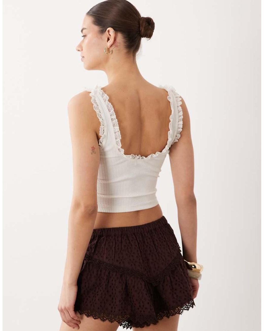 Miss Selfridge White Ribbed Vest Top With Lace Detail