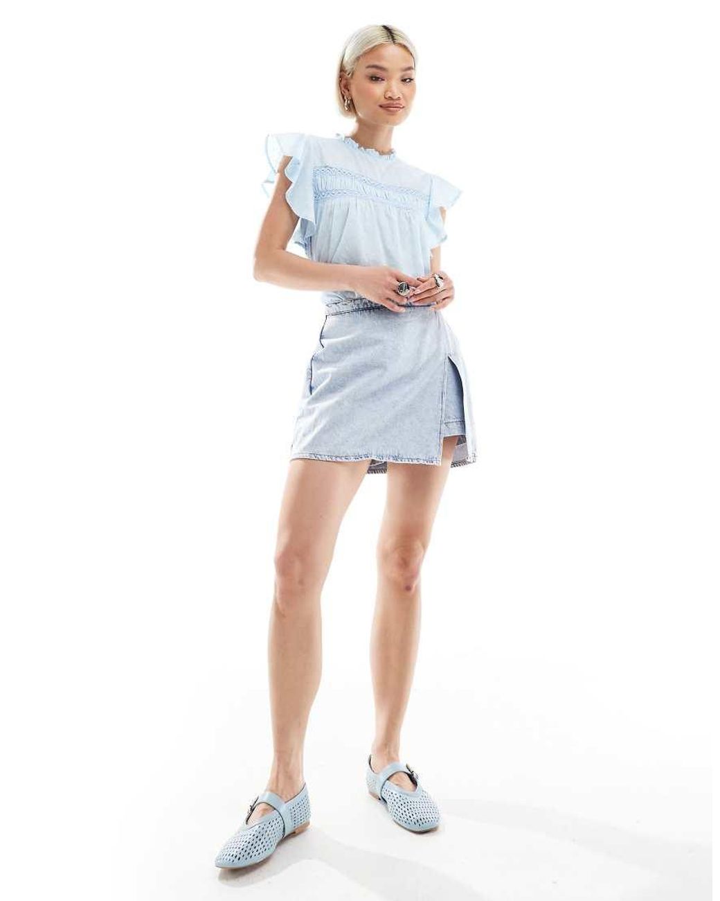 Vero Moda Blue High Neck Flutter Sleeved Embroidered Top