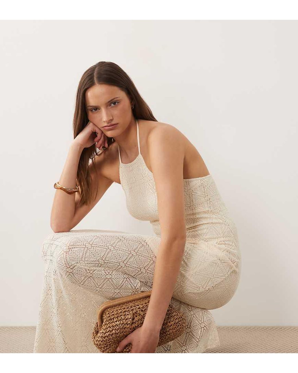Vero Moda Brown Stretch Lace Halter Maxi Dress