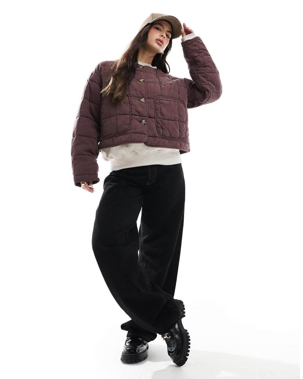ASOS Purple Crop Collarless Quilted Jacket