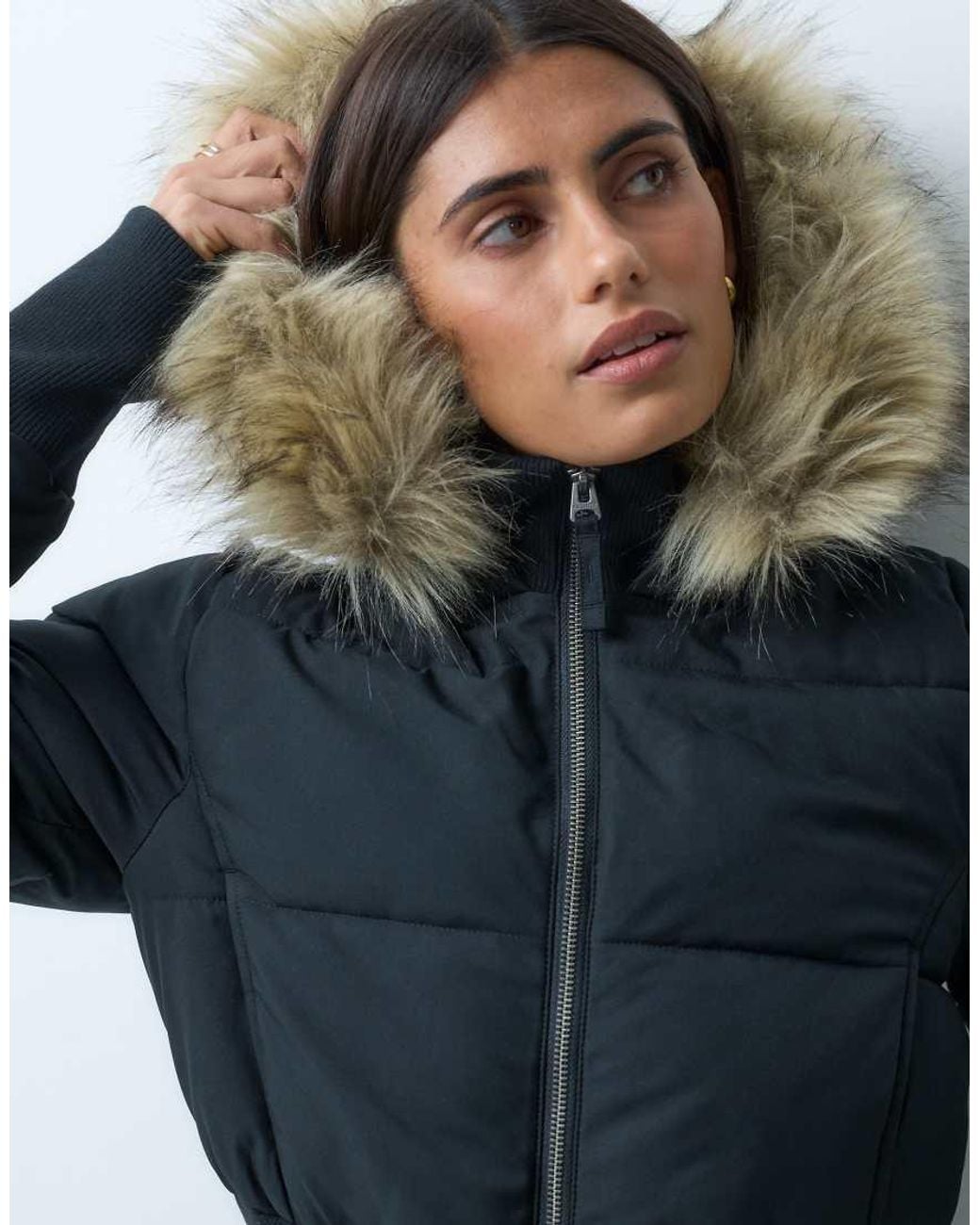 Hollister Blue Cropped Puffer Jacket With Faux Fur Hood