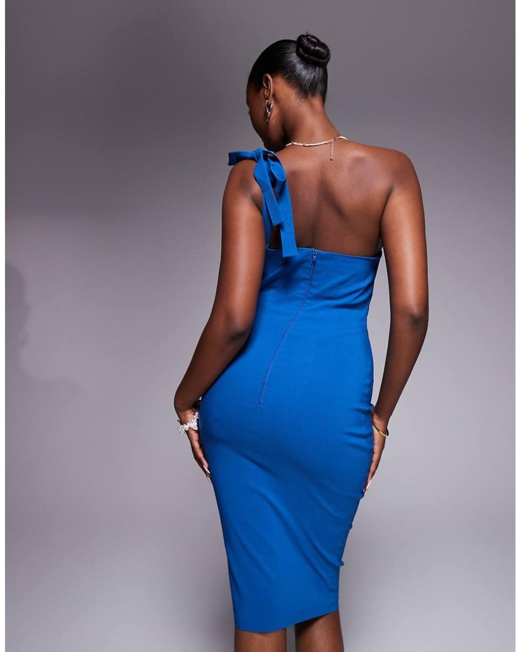 Vesper Blue Bengaline Asymmetric One Shoulder Midi Dress