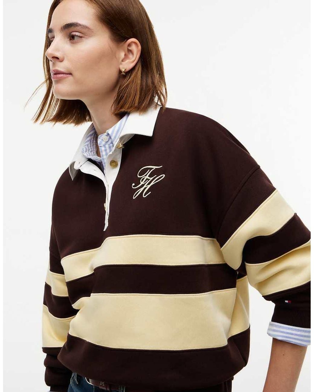 Tommy Hilfiger Blue Tone Button Stripe Rugby Sweatshirt