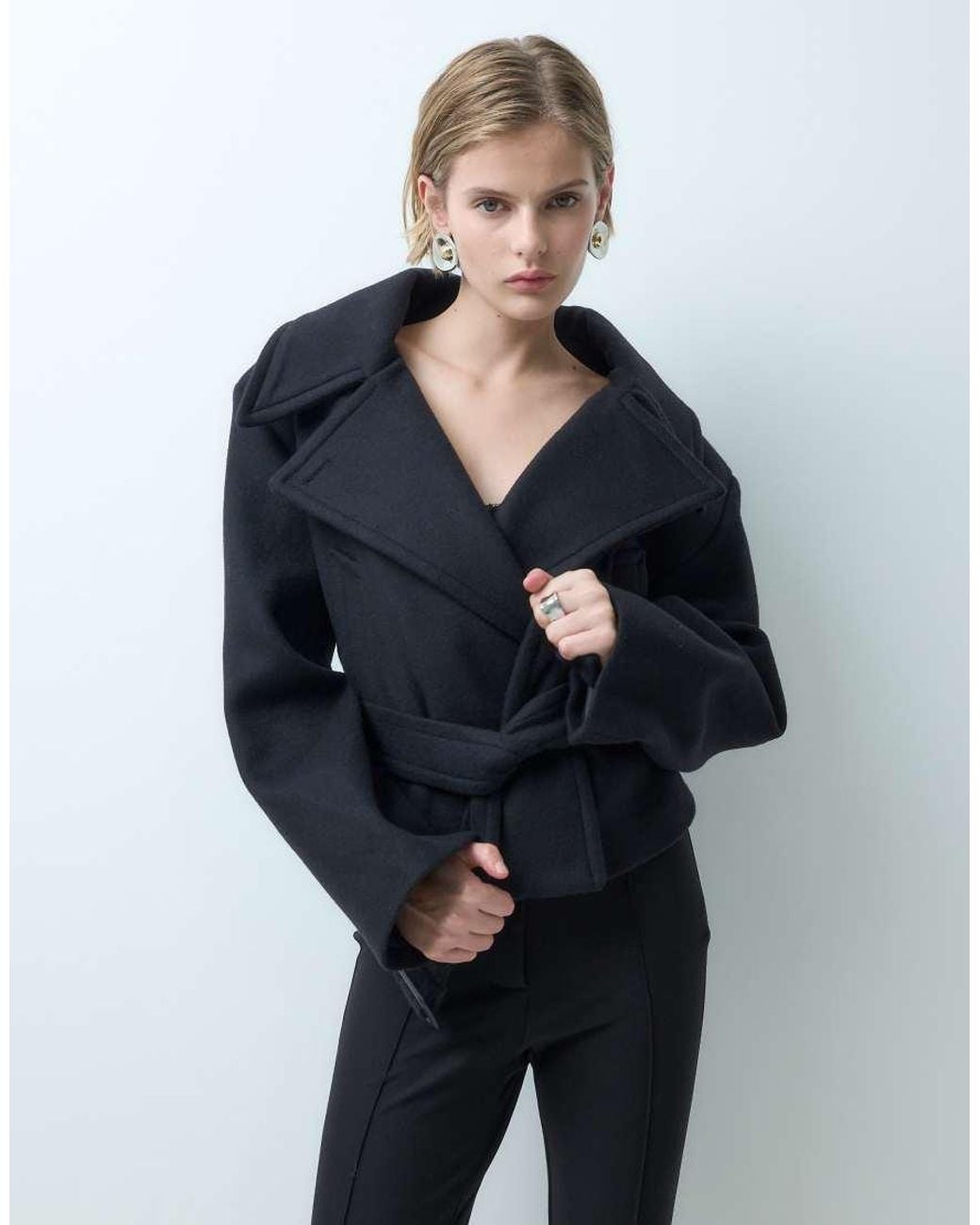 Mango Blue Wool Mix Sculpted Belted Short Jacket