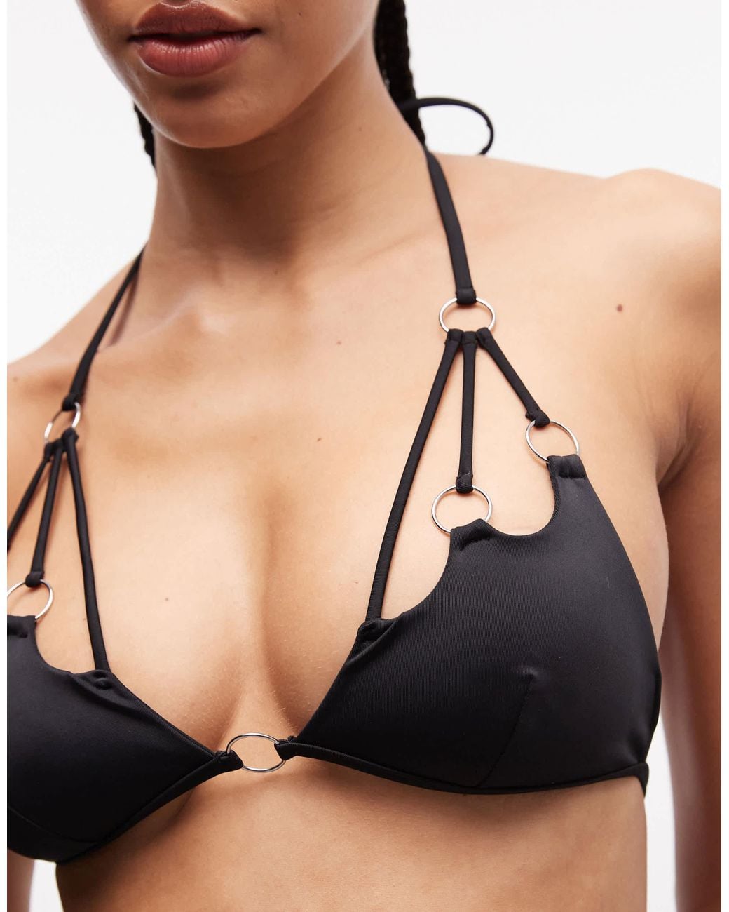 ASOS Black Ari High Apex Triangle Cut Out Bikini Top With Hoop Hardware Detail
