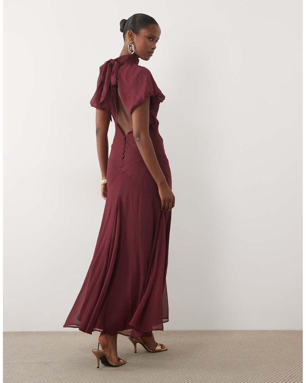 ASOS Purple High Neck Chiffon Maxi Dress With Puff Sleeves