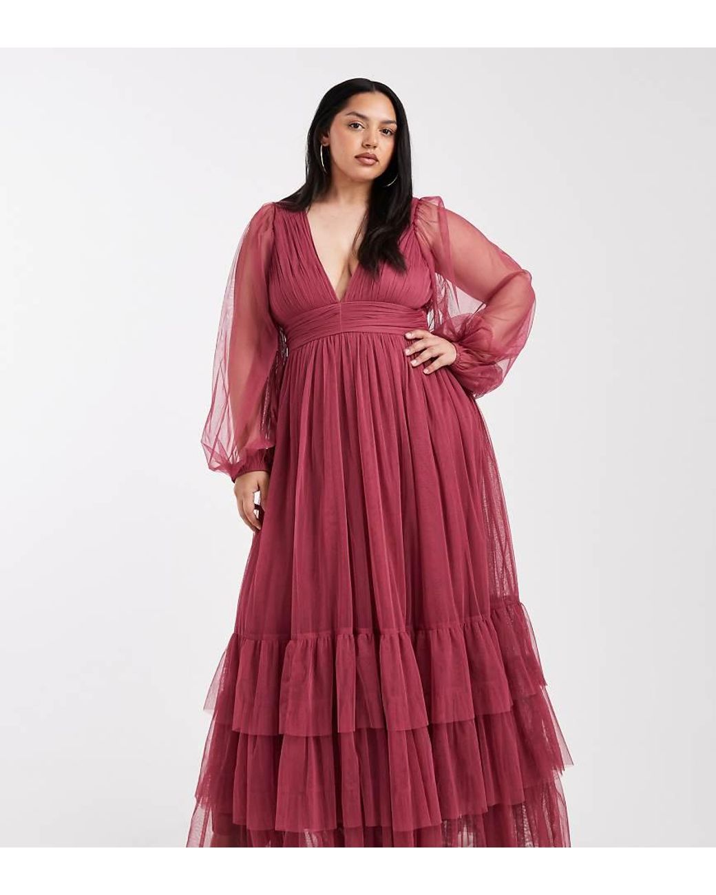 Lace & Beads Plus Red Bridesmaid Madison Long Sleeve Maxi Dress