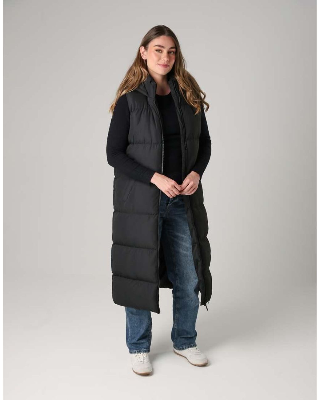 French Connection Black Longline Quilted Gilet With Hood