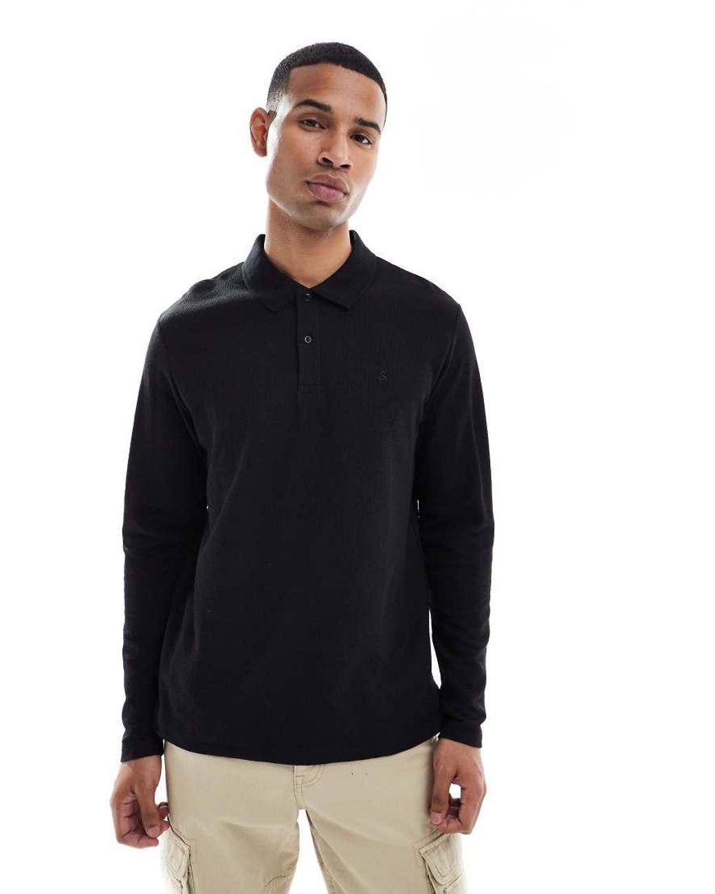 Jack & Jones Black Textured Polo With Long Sleeves for men