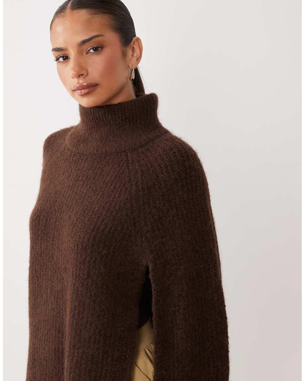 Gina Tricot Brown Knitted Wool Alpaca Ribbed Turtleneck Sweater