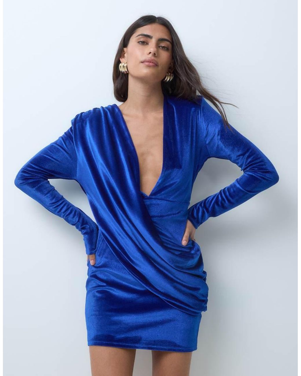 ASOS Blue Velvet Shoulder Pad Slinky Mini Dress With Sweeping Drape Detail