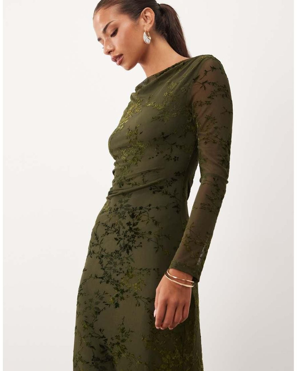 Nobody's Child Green Lana Cowl Neck Long Sleeve Ruched Midi Dress