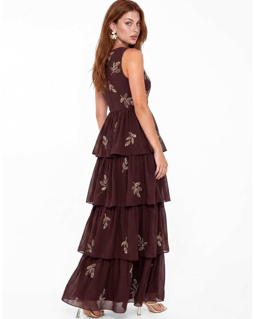 Maya Leaf Embellished Sleeveless V Neck Tiered Maxi Dress
