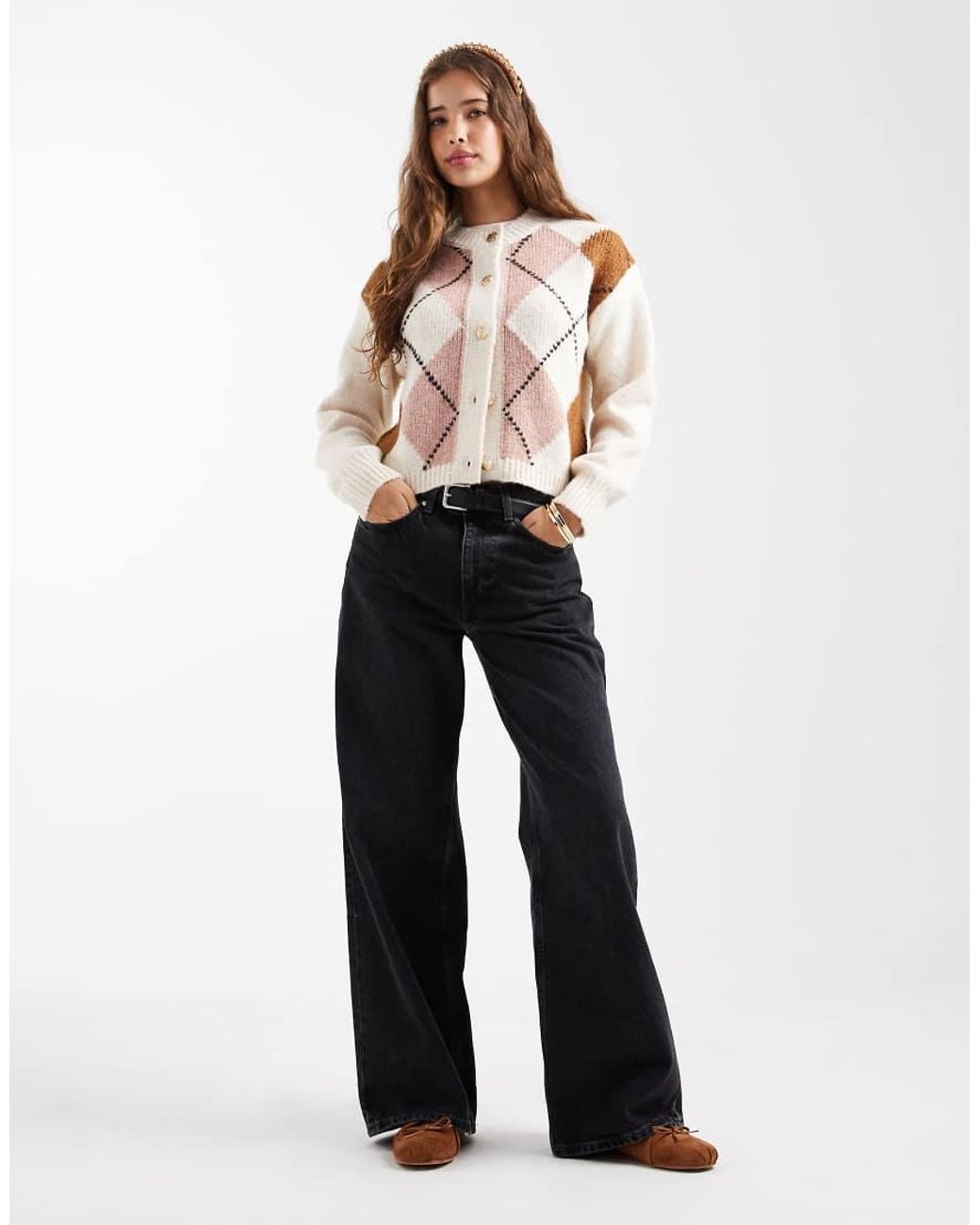 New Look Natural Argyle Crew Neck Cardigan