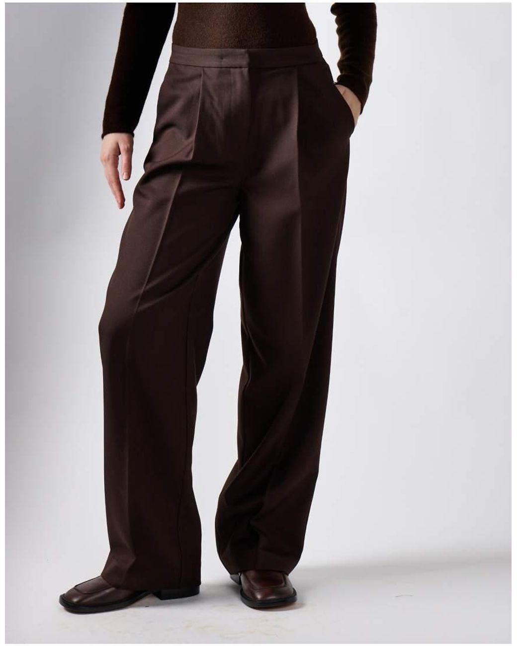 NARRATED Brown Pleated Straight Leg Pants