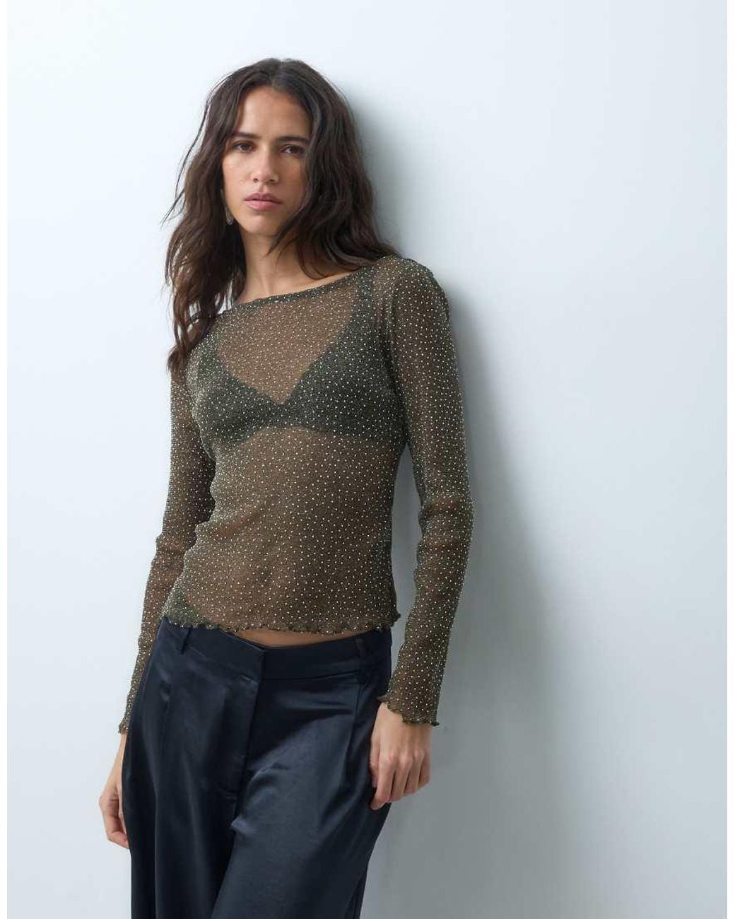 Miss Selfridge Brown Hotfix Mesh Long Sleeve Top