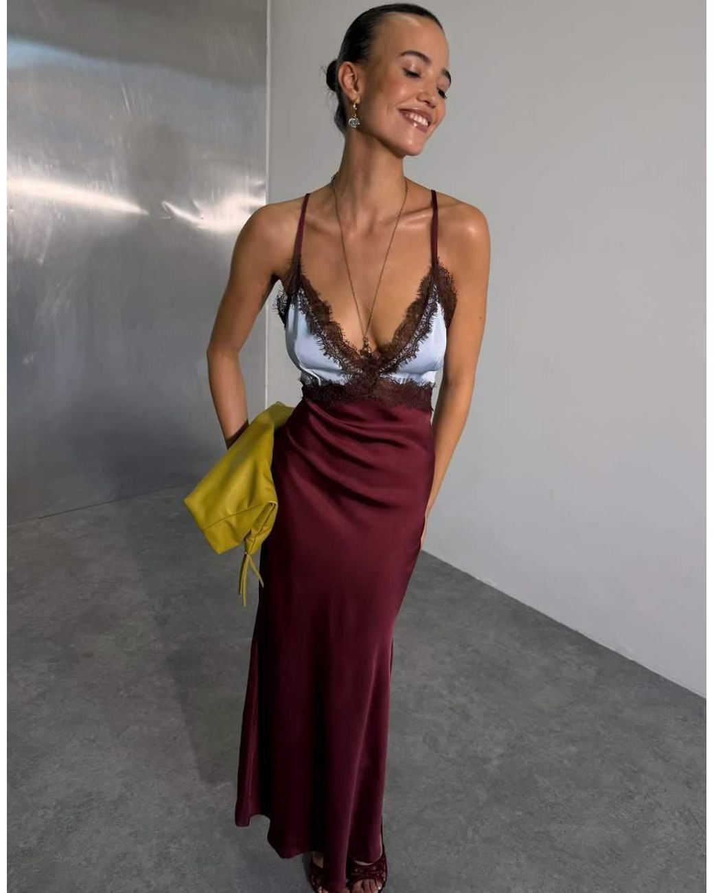 Never Fully Dressed Gray Satin Bias Cami Two Tone Lace Detail Maxi Dress