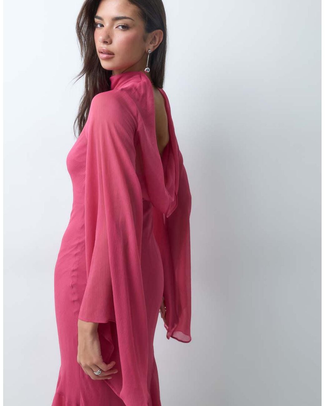 ASOS Pink Flute Sleeve Maxi Dress With Asymmetric Ruffle Hem