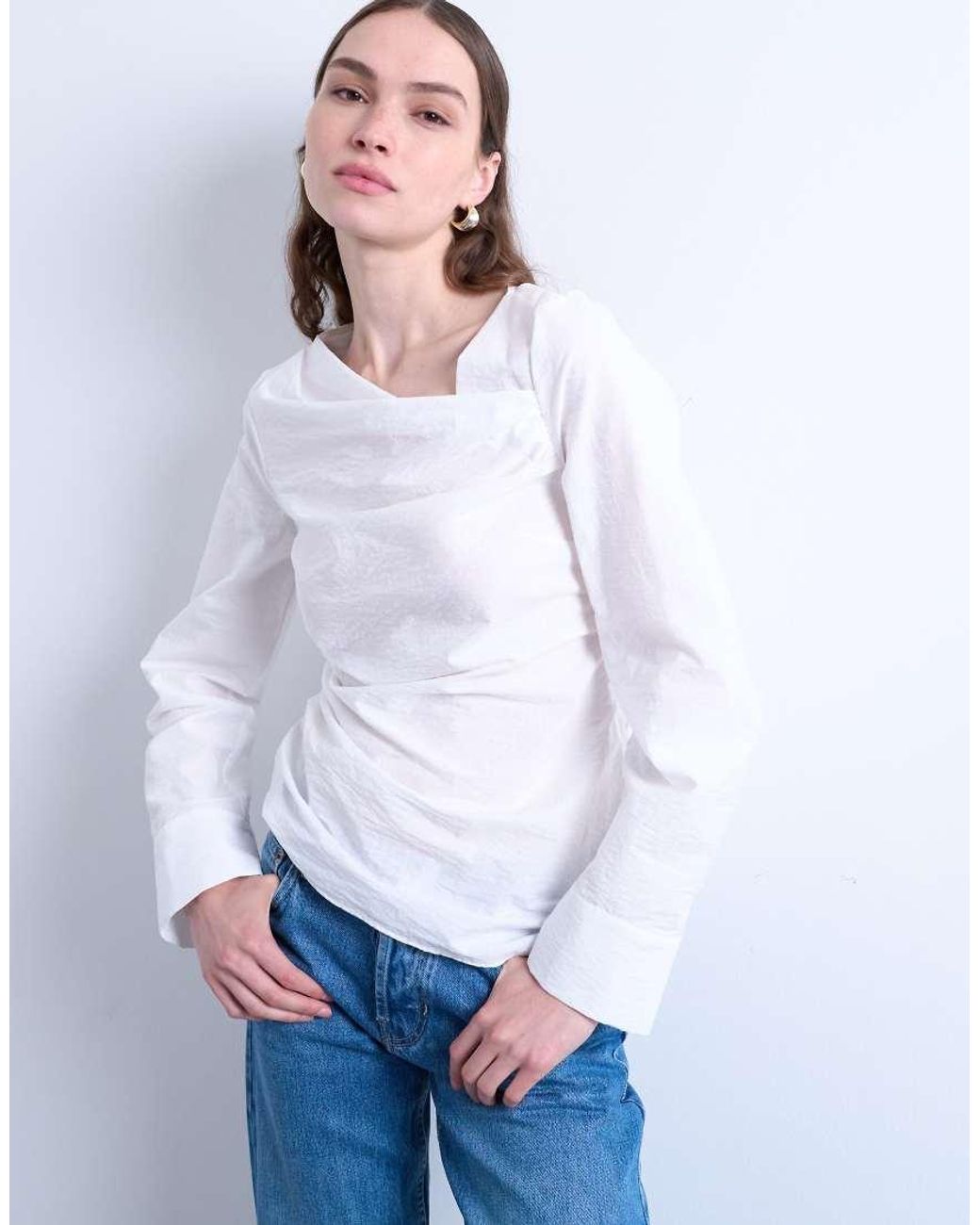 TOPSHOP White Drape Neck Long Sleeve Top