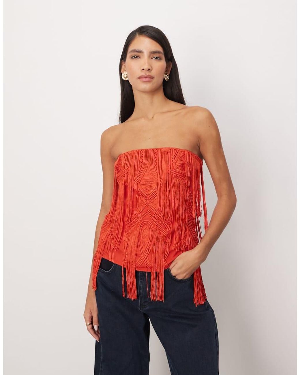 ARRANGE Red Embroide Cornelli Fringe Bandeau Top