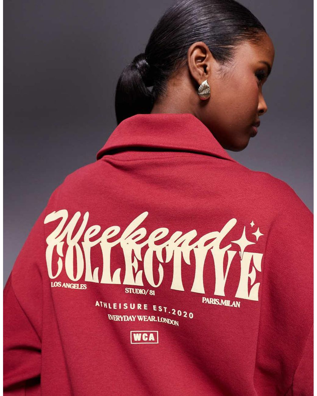 ASOS Red Weekend Collective Half Zip Sweatshirt With Mixed Font Graphic