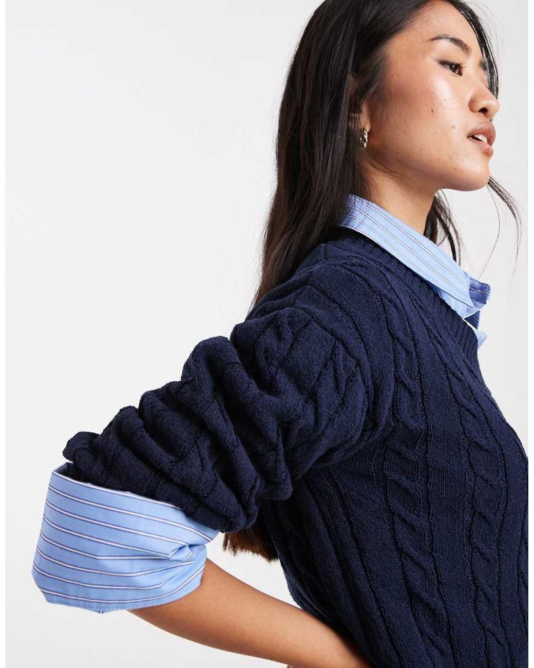 Cotton On Blue V Neck Cotton Cropped Cable Knit Pullover Sweater