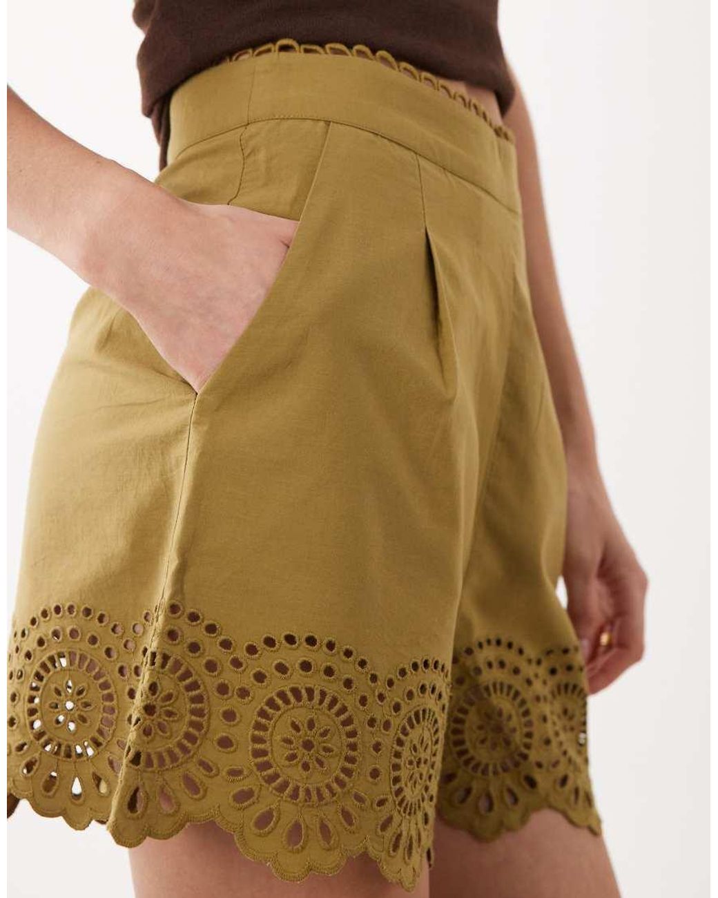 Mango Brown 100% Cotton Embroidered Tailored Shorts