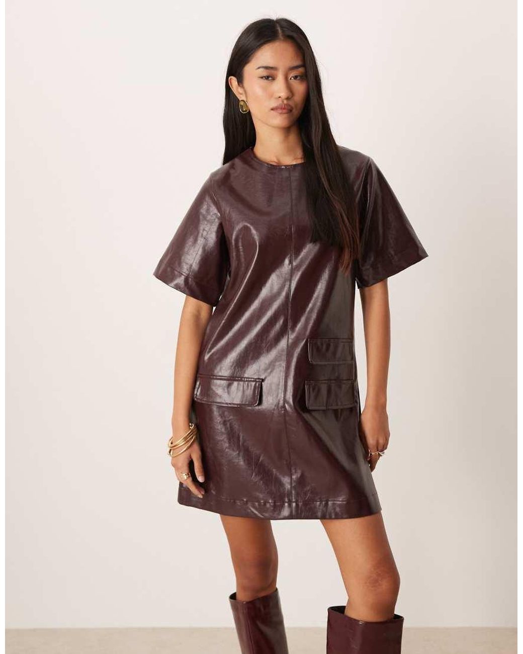 Ghospell Red Cotton Blend Leather Look Pocket Detail Mini Dress