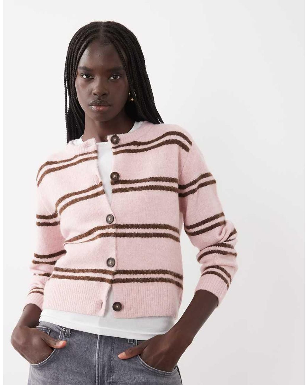 Brave Soul Pink Crew Neck Cardigan With Double Stripe