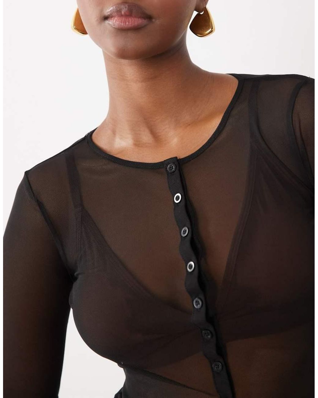 ASOS Black Crew Neck Button Down Long Sleeve Top With Split