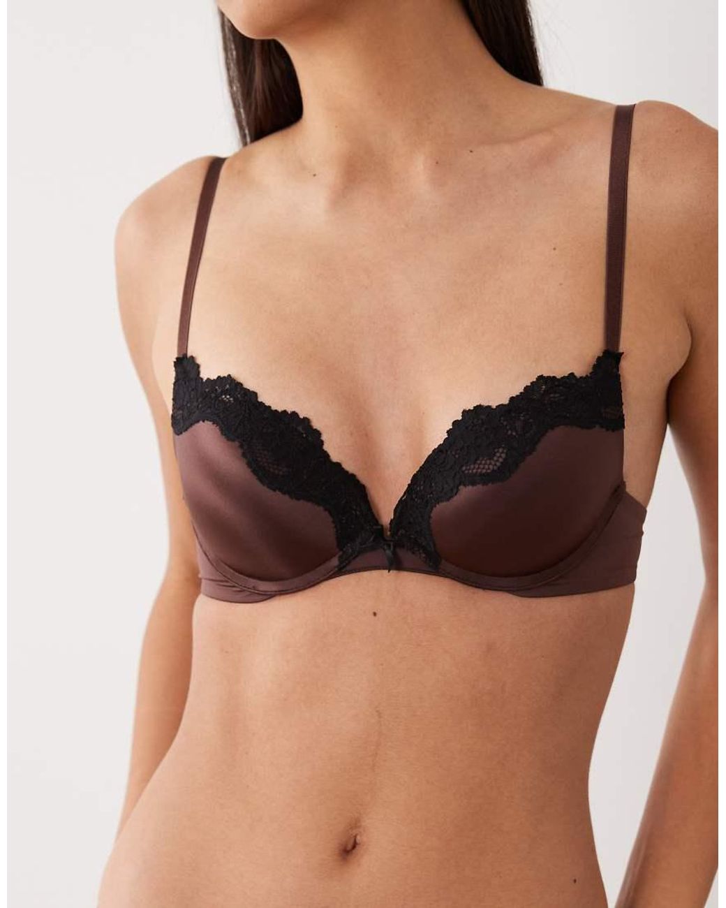 New Look Brown Satin Lace Trim Plunge Bra