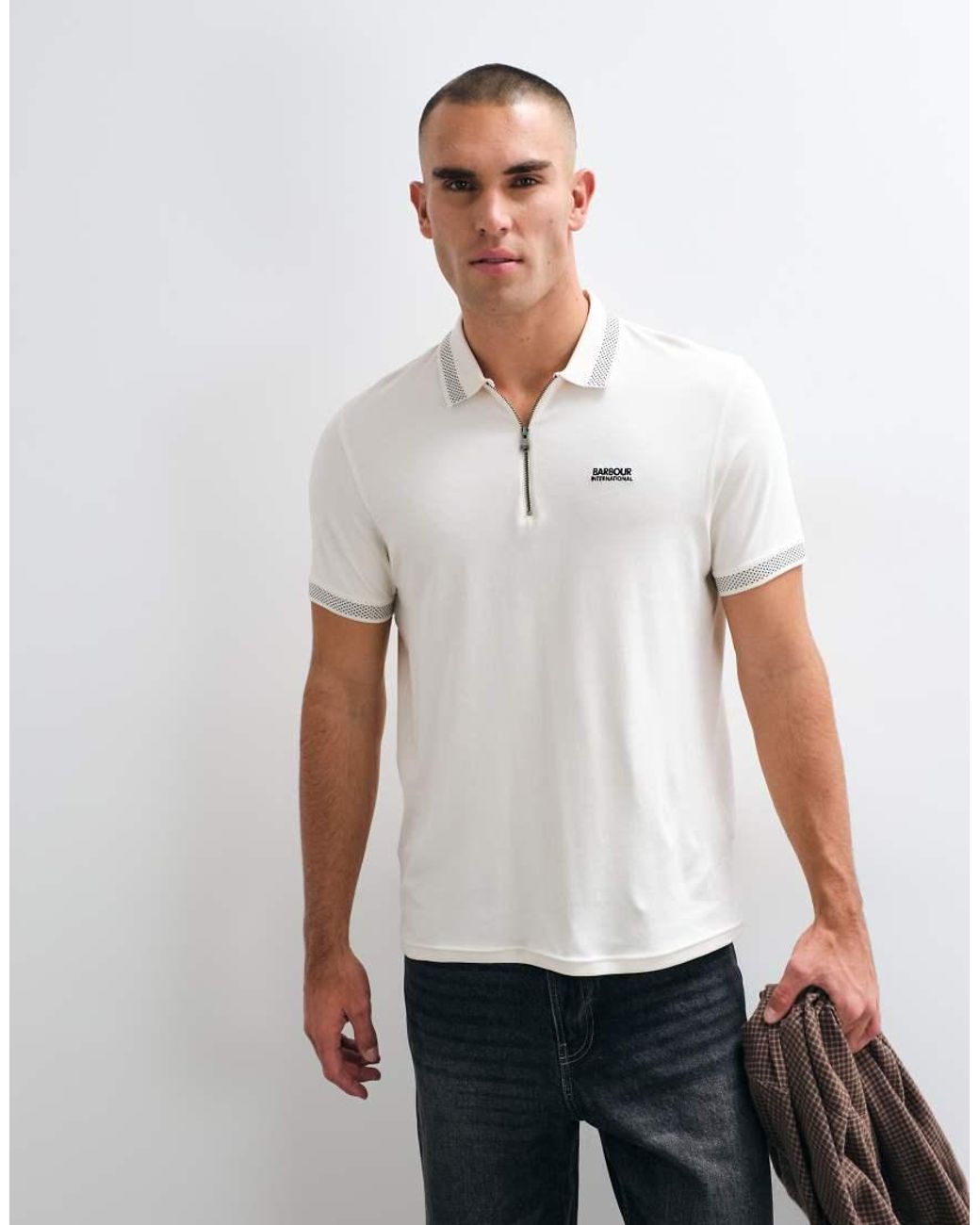 Barbour White Short Sleeve Half Zip Polo Shirt for men