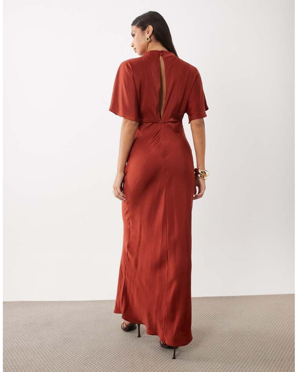 ASOS Red Satin High Neck Blouson Maxi Dress With Flutter Sleeve