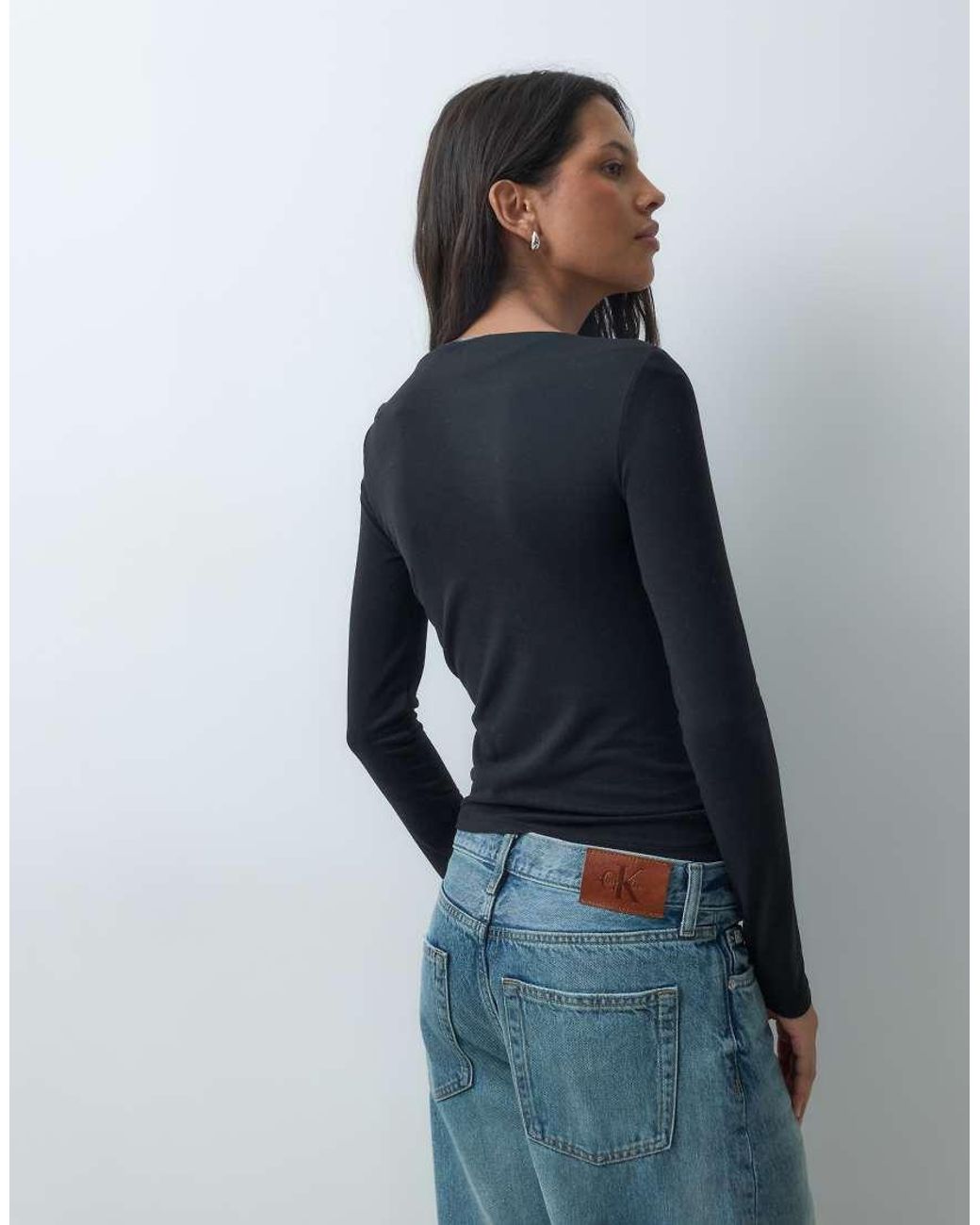 Mango Blue Square Neck Long Sleeve T-Shirt