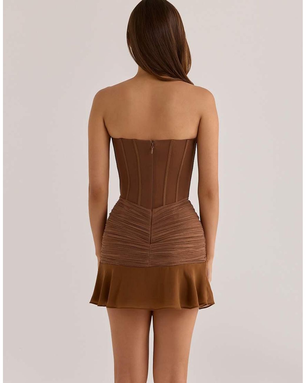 House Of Cb Brown Charlotte Bronze Shimmer Chiffon + Mesh Strapless Mini Dress
