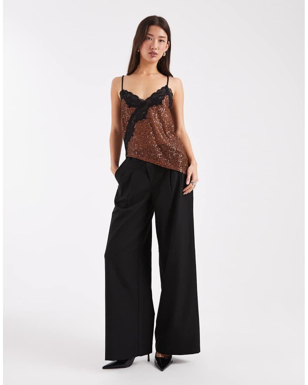 ASOS Black Asymmetric Sequin Cami With Lace Trim