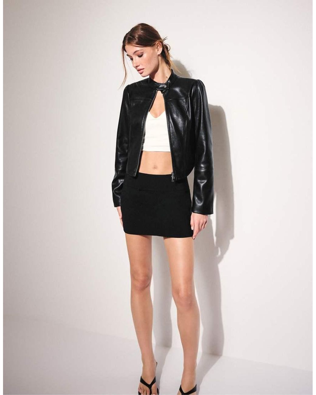 Stradivarius Black Cropped Leather Effect Biker Jacket