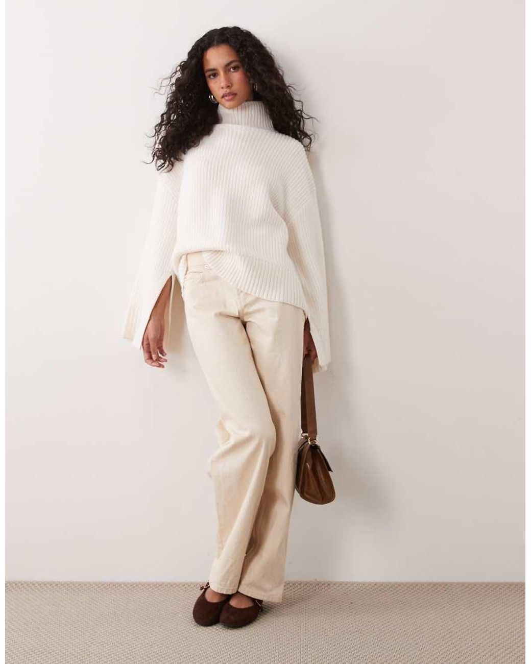 Gina Tricot Natural Split Sleeve Detail Knit Turtleneck Sweater With Wool