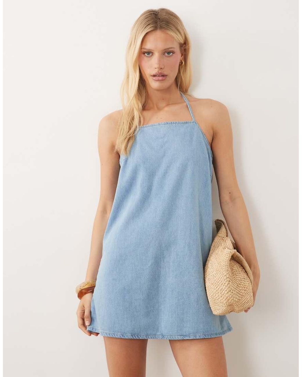 ASOS Blue High Neck Denim Shift Mini Dress