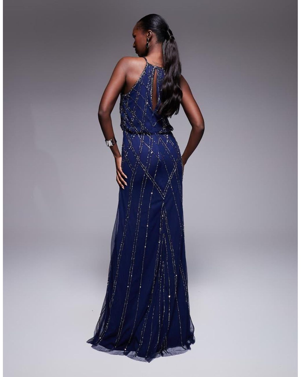 Goddiva Blue Racer Neck Sleeveless Hand Embellished Sequin Maxi Dress