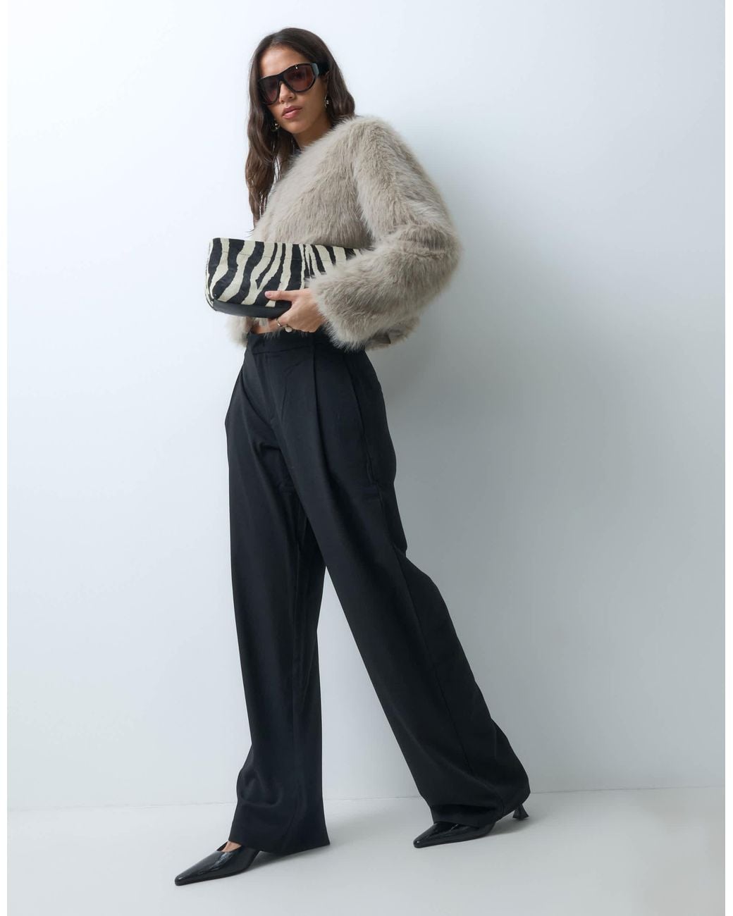 Mango Gray Faux Fur Collarless Jacket